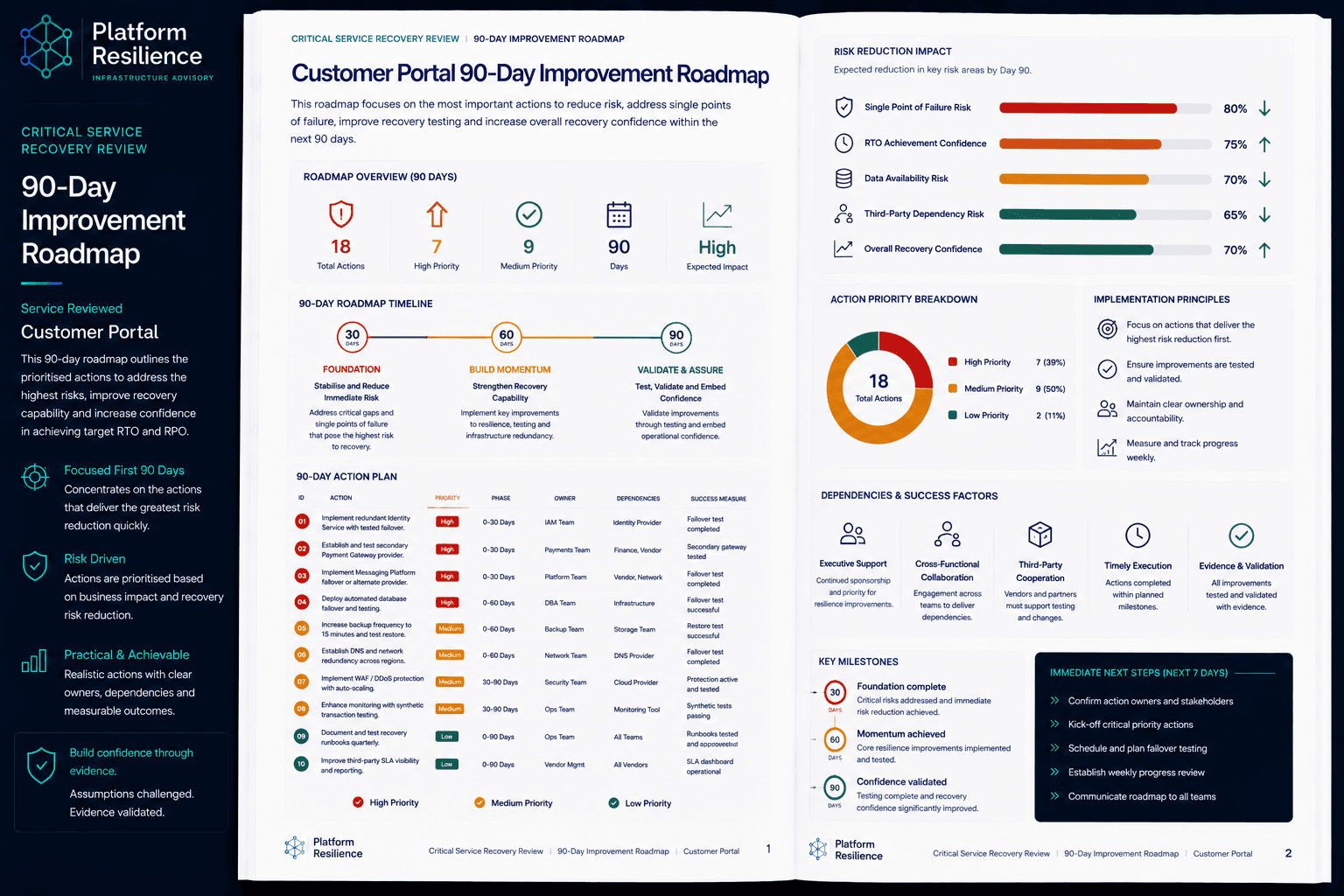 Example 90-day improvement roadmap output for a Critical Service Recovery Review