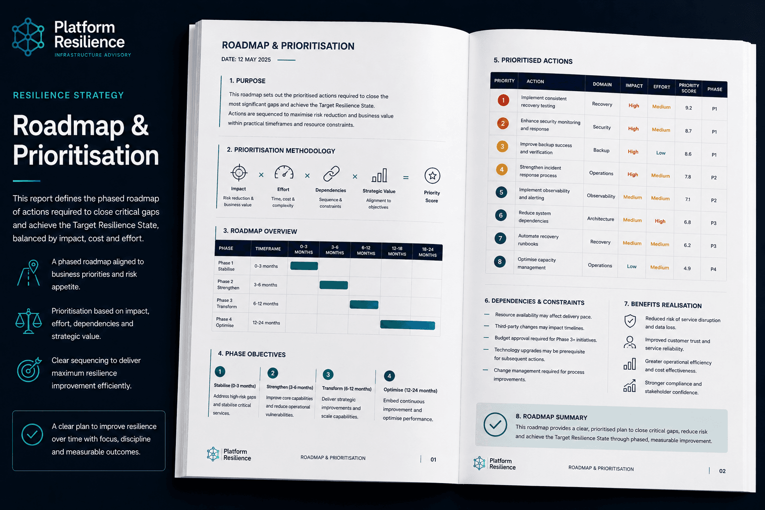 Example roadmap and prioritisation output for a Resilience Strategy engagement