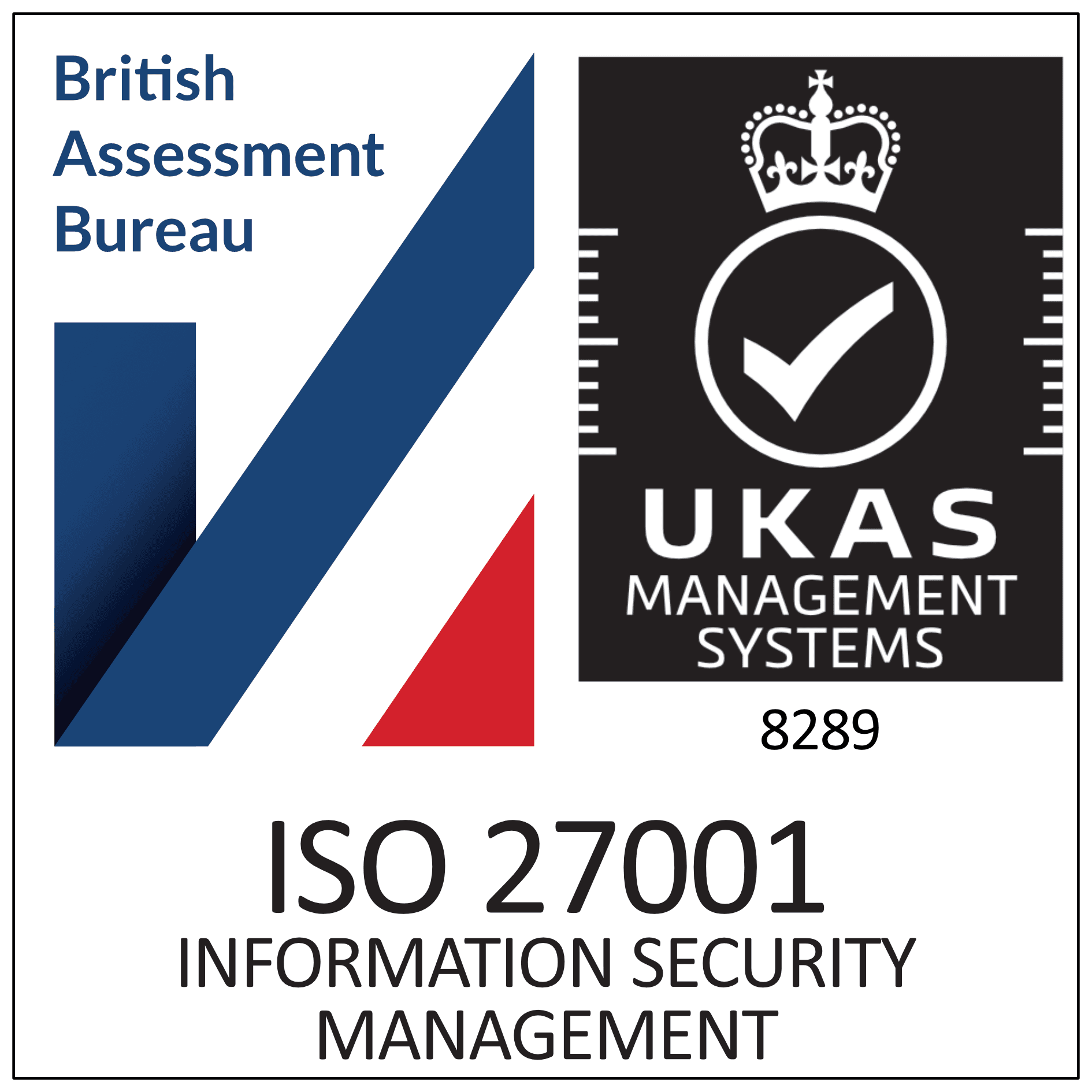 British Assessment Bureau and UKAS accredited ISO 27001 information security management certification badge
